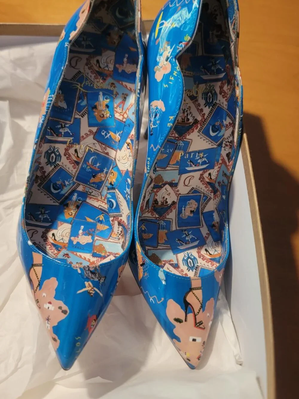 Louboutin Hot Chick.  The Print On Shoe Is The GREEK Islands.